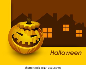 Happy Halloween flyer, banner or poster with smiling pumpkin and haunted house. 