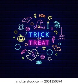 Happy Halloween flyer with circle layout neon sign. Trick or treat. Night bright design. Outer glowing effect banner. Editable stroke. Isolated vector stock illustration