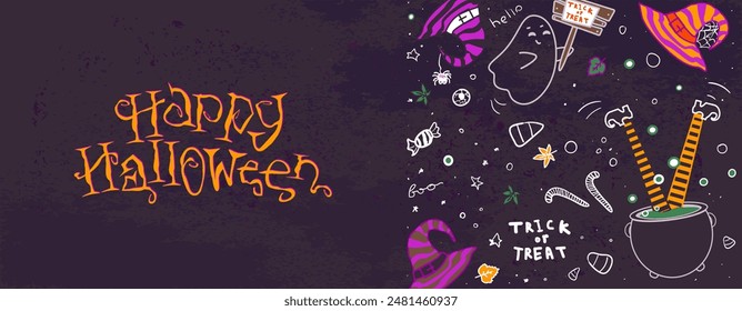 Happy Halloween flyer. Cute mystic pattern on grunge texture. Halloween, 31 October. Hats, legs, bowler hat, sweets in naive style. Dark gray grunge texture.
