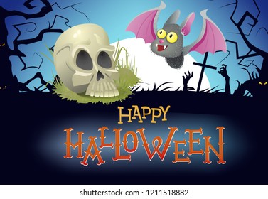 Happy Halloween flyer design. Cute bat, skull and zombies hands rising from graves with moon in background. Template can be used for posters, banners, invitation cards