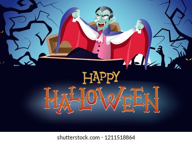 Happy Halloween flyer design. Dracula rising from coffin and zombies hands with trees and graves silhouettes in background. Template can be used for posters, banners, invitation cards
