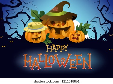 Happy Halloween flyer design. Jack o lanterns, zombies hand rising from grave, yellow eyes and moon in background. Template can be used for posters, banners, invitation cards