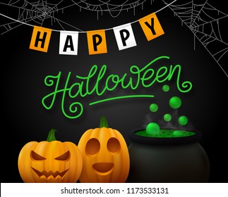 Happy Halloween flyer design with orange pumpkins, green potion in cauldron and party flags on black background. Vector illustration
