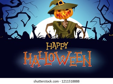 Happy Halloween flyer design. Pumpkin scarecrow and rising zombies hands with trees and graves silhouettes in background. Template can be used for posters, banners, invitation cards