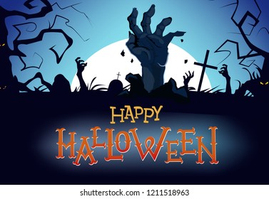 Happy Halloween flyer design. Zombie hands rising from grave with trees silhouettes and moon in background. Template can be used for posters, banners, invitation cards