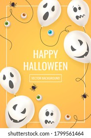 Happy Halloween flyer with ghost balloons, spiders, eyes on the yellow background. Vector illustration for poster, banner, invitation, card, special offer.