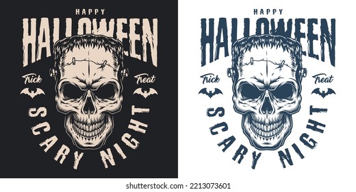 Happy Halloween flyer monochrome vintage with head Frankenstein or other monster from scary stories and bats vector illustration