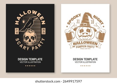 Happy Halloween flyer, poster, banner design. Vector illustration. For holiday Halloween design, shirt, logo, badge, decorations, cards, banner with pumpkin in wizard hat, beer, human skull and raven