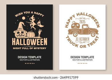 Happy Halloween flyer, poster, banner design. Vector illustration. For holiday Halloween design, shirt, badge, cards with flying witch on a broomstick and pumpkin in wizard hat, pickup truck