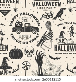 Happy Halloween flyer, poster, banner design. Vector illustration. For holiday Halloween design, shirt, badge, cards with flying witch on a broomstick and pumpkin in wizard hat, pickup truck
