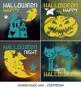 Happy halloween flyer in retro style.  Color silhouette on a  blurred background