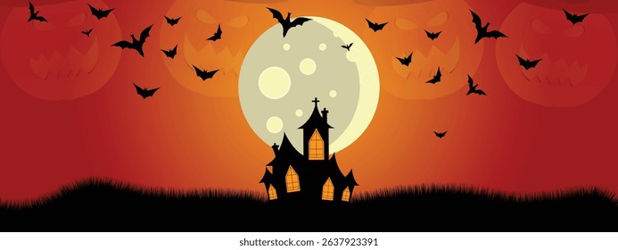 Happy Halloween flyer with scary bungalow and full moon night, in background scary pumpkin and bat, can be used in Halloween decoration, promotion, business or sales announcement, illustration