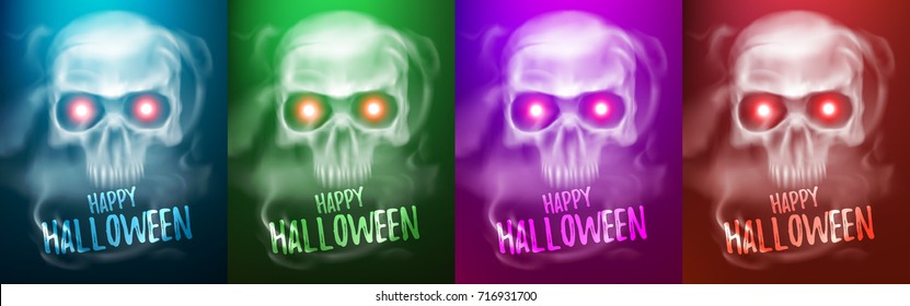 Happy Halloween flyer template with transparent Skull or Ghost Look Like Horror Movie Poster on different colors styles.vector illustration eps 10