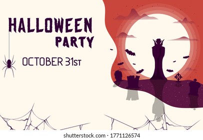 Happy Halloween flyer with a vampire, bats, cemetery and graves under the moon. Vector isolated horror night leaflet, banner or poster. October party border.