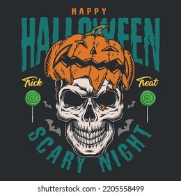 Happy Halloween flyer vintage colorful with skull with jack-o-lantern pumpkin instead of hat wishes you scary night vector illustration