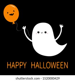 Happy Halloween. Flying baby ghost spirit holding pumpkin balloon. Boo. Cute cartoon white scary spooky character. Smiling face, hands. Black background. Greeting card. Flat design Vector illustration