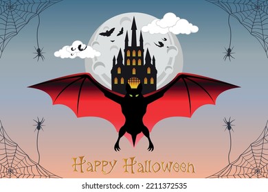 Happy Halloween flying bat character haunted house castle with full moonlight shadow vector illustration