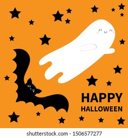 Happy Halloween. Flying bat ghost spirit. Black stars silhouette. Cute cartoon character with big wing. Flat design. Orange background. Isolated. Vector illustration