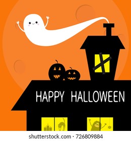 Happy Halloween. Flying bat. Haunted house roof attic loft. Light on boarded-up windows. Cat arch back. Monster spider Pumpkin Candle. Big moon Funny cartoon character Orange background. Flat Vector