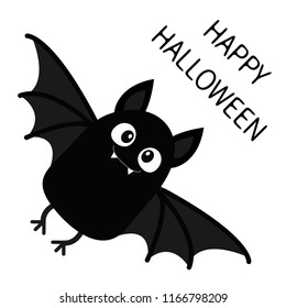 Happy Halloween. Flying bat vampire. Cute cartoon baby character with big open wing, ears, legs. Black silhouette. Forest animal. Flat design. White background. Isolated. Greeting card. Vector