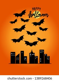 Happy Halloween with flying bats, building and moon on orange gradient abstract background and cool font. Vector illustration art
