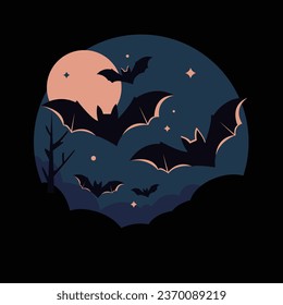 Happy halloween. Flying bats. Silhouette. Moonlight. Vector illustration. Greeting card. Halloween decorations.