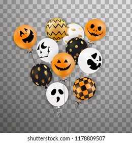 Happy Halloween. Flying bunch of shiny, holiday balloons isolated. Scary air balloon. Bunch of Halloween glitter confetti ghost balloons, funny faces. Party decorations for celebration, card. vector.