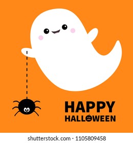 Happy Halloween. Flying ghost spirit holding spider Dash line web Boo. Scary white ghosts. Cute cartoon spooky character. Smiling face, hands. Orange background Greeting card. Flat design. Vector