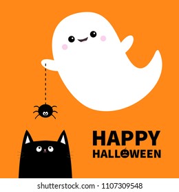 Happy Halloween. Flying ghost spirit holding spider Dash line web Boo. Black cat. Scary white ghosts. Cute cartoon spooky character. Smiling face, hands. Orange background Greeting card. Flat Vector