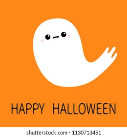 Happy Halloween. Flying ghost spirit. Scary white ghosts. Cute cartoon boo spooky character. Smiling face, pink cheeks. Orange background. Isolated. Greeting card. Flat design. Vector illustration
