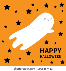 Happy Halloween. Flying ghost spirit. Black star silhouette. Boo. Scary white ghosts. Cute cartoon spooky character. Smiling face hands. Orange background Greeting card Flat design Vector illustration