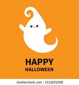Happy Halloween. Flying ghost spirit. Boo. Scary white ghosts. Cute cartoon spooky character. Smiling face, hands, curl hair. Orange background Greeting card. Flat design. Vector illustration