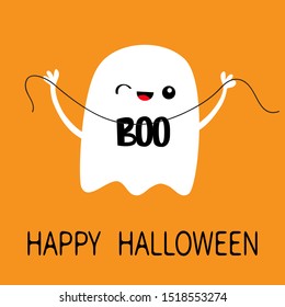 Happy Halloween. Flying ghost spirit holding Boo text. Scary white ghosts. Cute cartoon kawaii spooky character. Smiling face, winking eye, hands. Flat design. Orange background. Vector illustration