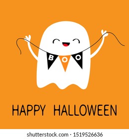 Happy Halloween. Flying ghost spirit holding bunting flag Boo. Scary white ghosts. Cute cartoon kawaii spooky character. Smiling face, hands. Orange background. Greeting card. Flat design. Vector