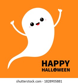 Happy Halloween. Flying ghost spirit holding hands up. Boo. Cute cartoon kawaii spooky baby character. Scary white ghosts. Smiling face. Greeting card. Orange background. Flat design. Vector