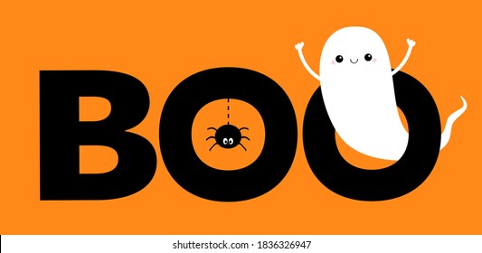 Happy Halloween. Flying ghost spirit. Boo text with hanging spider insect. Cute kawaii cartoon scary spooky character. Smiling face, hands. Greeting card. Flat design. Orange background. Vector