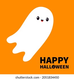 Happy Halloween. Flying ghost spirit. Scary white ghosts. Cute cartoon spooky character. Smiling face. Greeting card. Orange background. Isolated. Flat design. Vector illustration