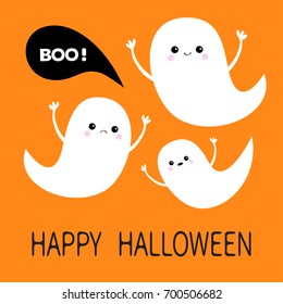 Happy Halloween. Flying ghost spirit set. Three scary white ghosts. Boo Cute cartoon spooky character. Smiling Sad face, frightening scaring hands. Orange background. Greeting card Flat design. Vector