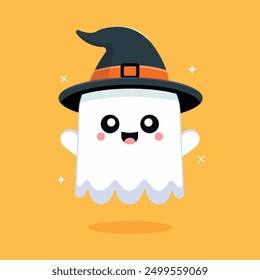 Happy Halloween Flying Ghost with Witch Hat Vector Illustration