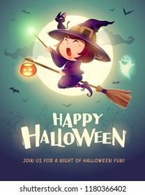 Happy Halloween. Halloween flying little witch. Girl kid in halloween costume holds a magic wand. Retro vintage.