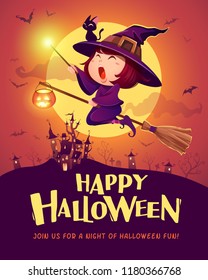 Happy Halloween. Halloween Flying Little Witch. Girl Kid In Halloween Costume Holds A Magic Wand. Retro Vintage.