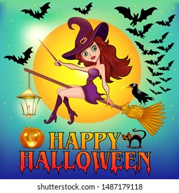 Happy Halloween. Halloween flying little witch. Girl  in halloween costume holds a magic wand. Retro vintage.