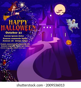 Happy Halloween. Halloween flying little witch. Girl  in halloween costume holds a magic wand. Retro vintage.