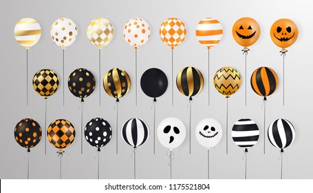 Happy Halloween. Flying Mega Set of shiny, holiday balloons isolated. Scary air balloon. Big Set of Halloween glitter confetti ghost balloons, funny faces. Party decorations for celebration, card. 