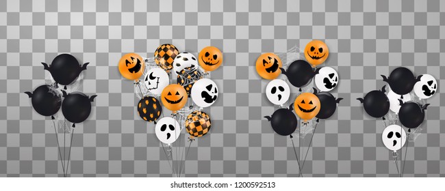 Happy Halloween. Flying Set of shiny, holiday balloons isolated. Big Set of Halloween glitter confetti, gold, black, ghost balloons, spider, web. Party decorations for celebration, card. vector.
