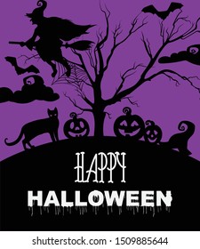 Happy halloween with Flying Witch, cats, pumpkins, cemetery and bats. Purple background vector