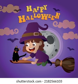 Happy Halloween. Halloween flying witch. Child girl in Halloween costume flies with black cat.