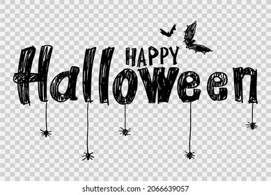 Happy halloween font with bats, spider, and spiderweb isolated on png or transparent background. Graphic resources for Halloween.Vector illustration 