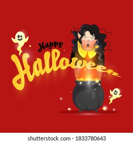 Happy Halloween Font with Cartoon Ghosts, Witch Character and Cauldron Potion on Red Background.