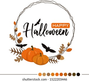 Happy Halloween font composition in a floral frame with pumpkins, acorns and bats. Vector background with falling autumn leaves